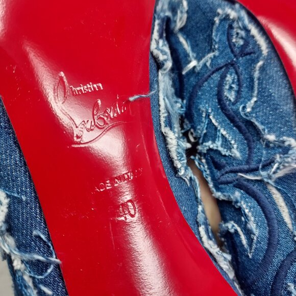 Christian Louboutin Blue Kate Toile Denim Brode Heel Shoe - Picture 5 of 11